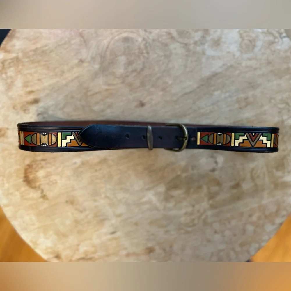 Vintage Colorful Painted Leather Belt with Geometric Southwest Pattern Design